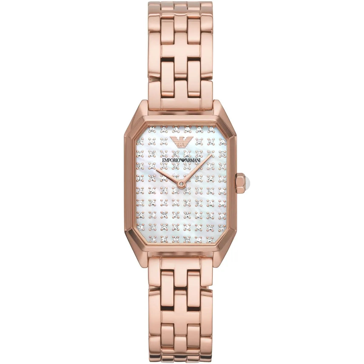 Emporio Armani Gioia women's watch with rectangular mother of pearl dial and rose gold steel strap
