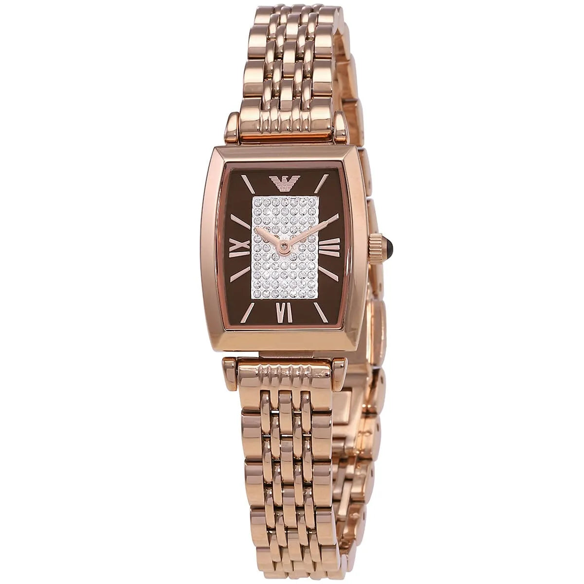 AR11407 Emporio Armani watch angled view showing square case with brown dial and rose gold bracelet