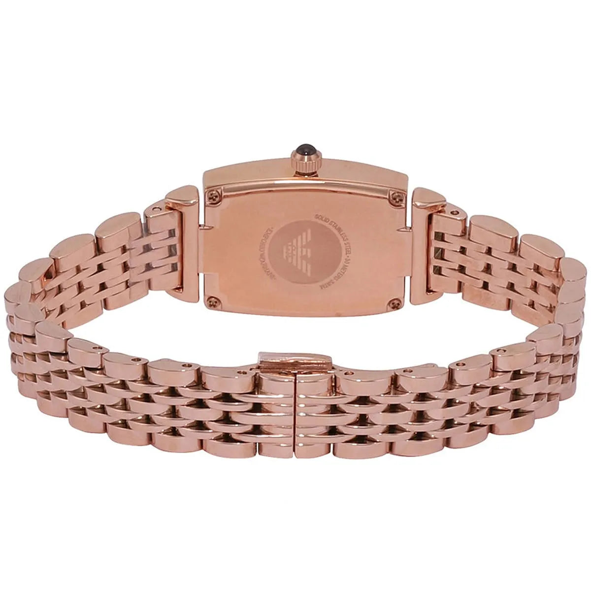 Emporio Armani AR11407 case back view with rose gold stainless steel and Emporio Armani branding
