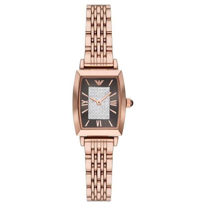 Emporio Armani AR11407 ladies watch with brown dial, crystal center, rose gold case and bracelet