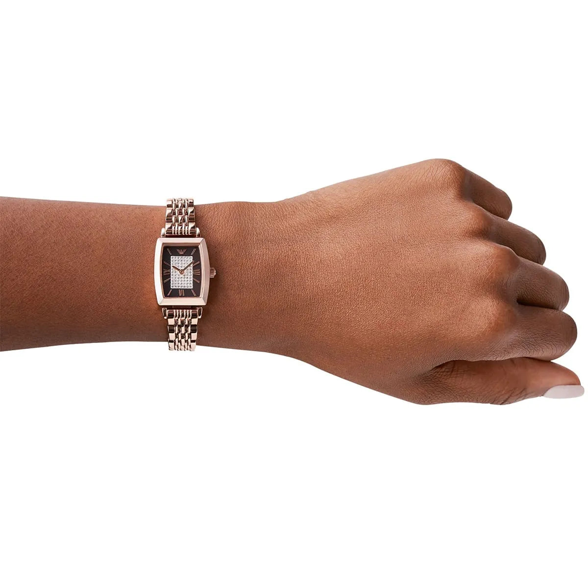 Emporio Armani AR11407 rose gold ladies watch worn on wrist showing brown dial and bracelet