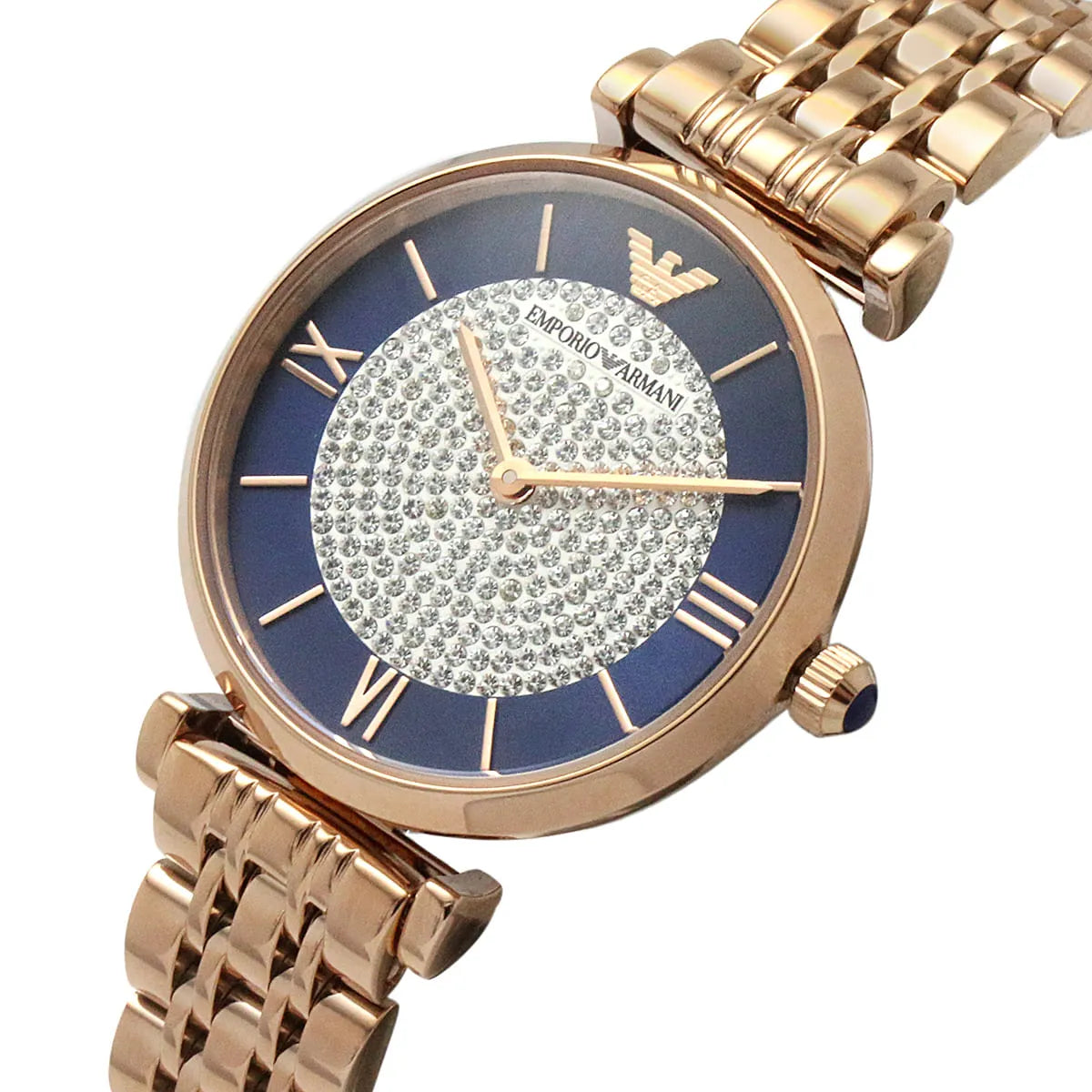 AR11423 angled top view with rose gold bracelet and navy blue dial