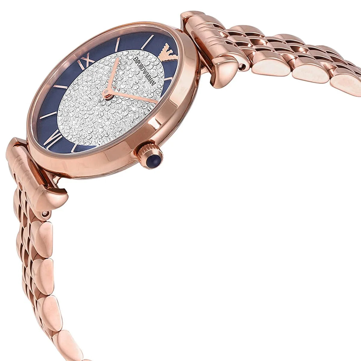 AR11423 angled view showing rose gold case, navy dial, and steel bracelet