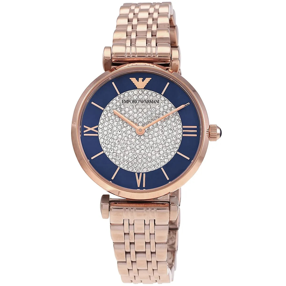 Emporio Armani AR11423 rose gold watch with navy blue dial and crystal-set center