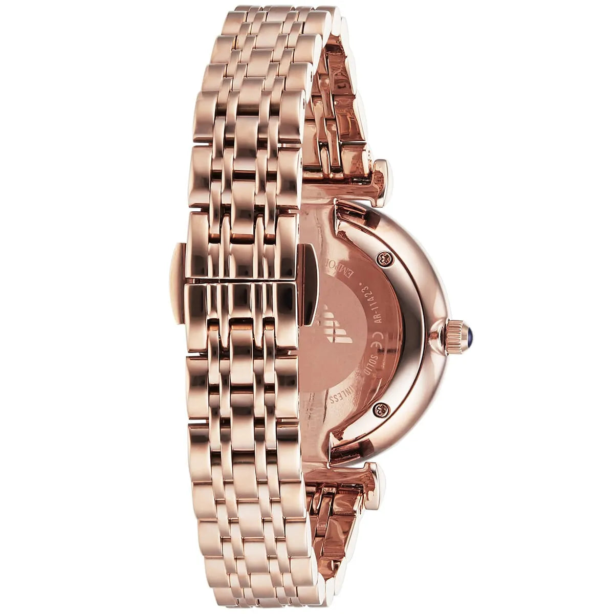 AR11423 side profile showing rose gold case, caseback, and bracelet