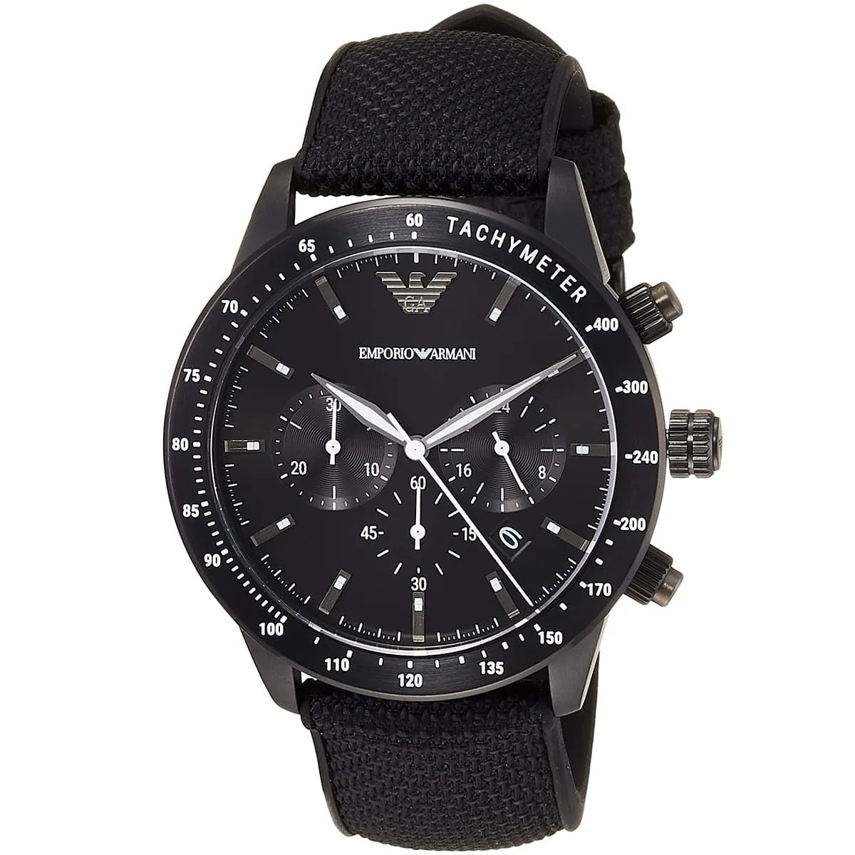 Emporio Armani Mario black chronograph watch with tachymeter bezel and black nylon strap