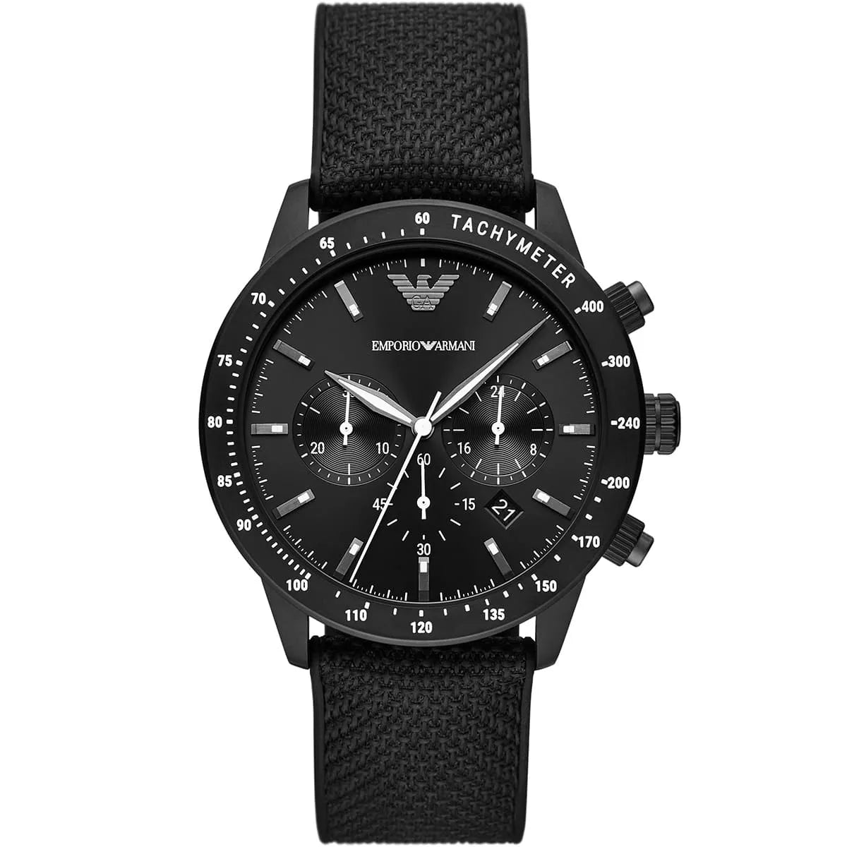 Emporio Armani Mario chronograph watch with black dial and black nylon strap