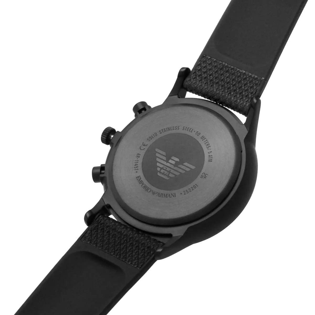 Emporio Armani Renato AR11457 caseback detail showing stainless steel case back