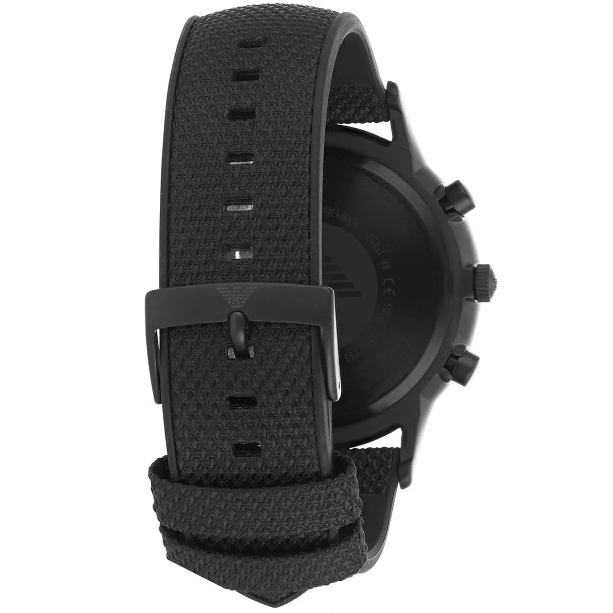 Emporio Armani Renato AR11457 side profile showing case, crown, and textile strap