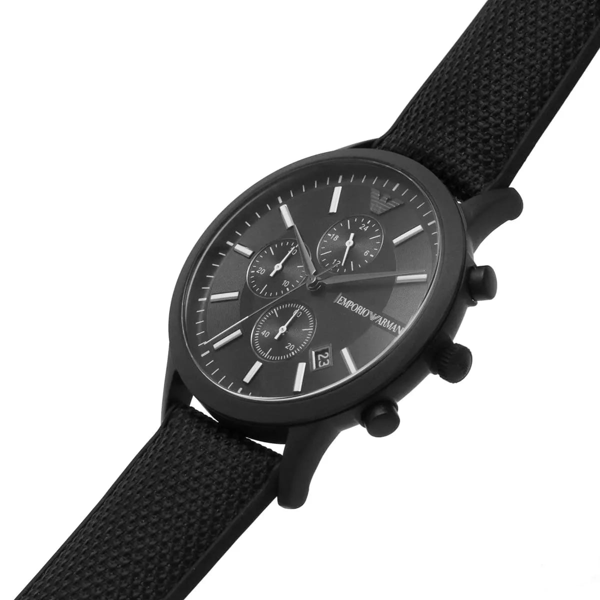 Emporio Armani Renato AR11457 chronograph on wrist angled view with black textile strap