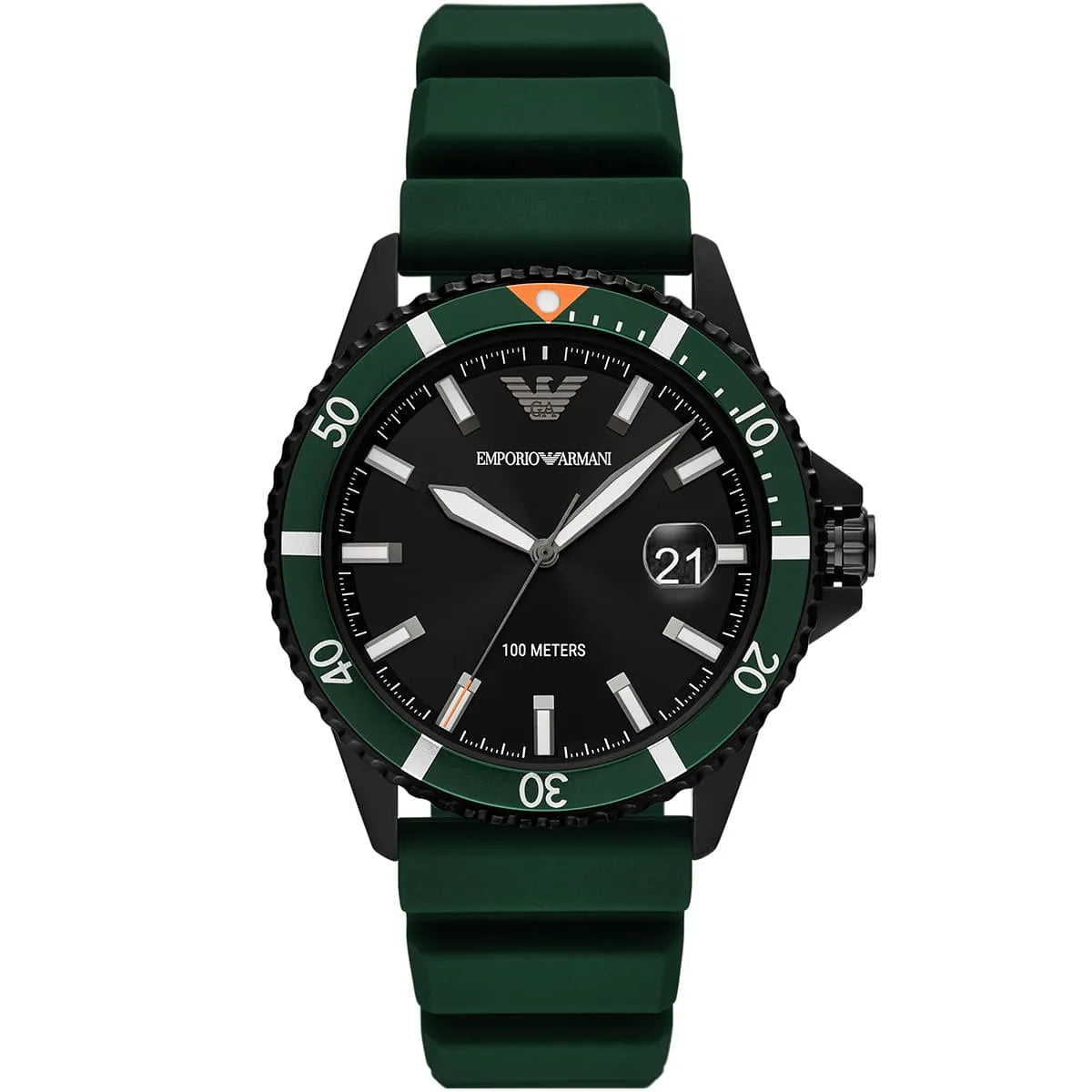 Emporio Armani Quartz Green Silicone Strap Black Dial 42mm Diver Men's Watch - AR11464