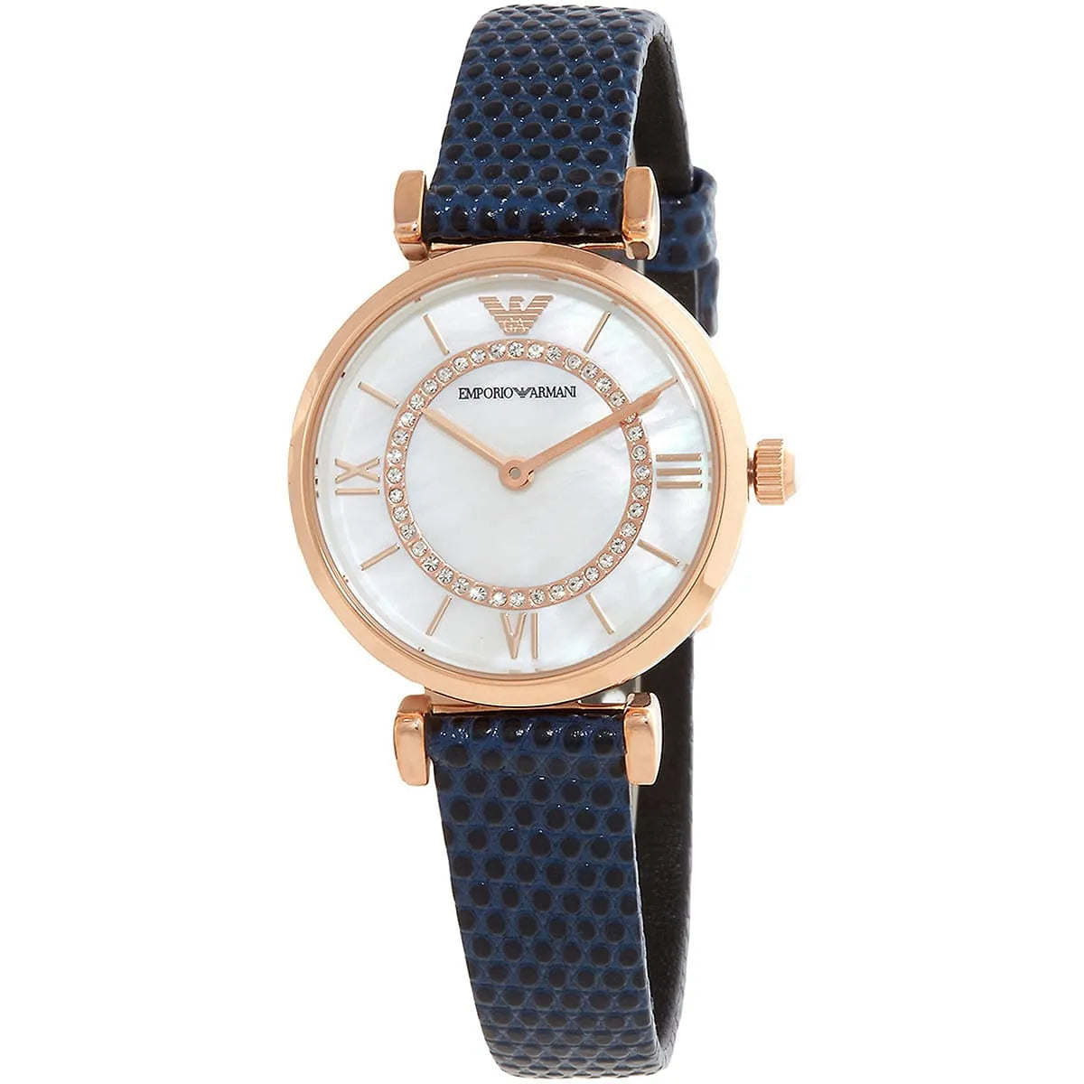 Emporio Armani Gianni T-Bar Analog Mother of Pearl Dial Blue Leather Strap Watch AR11468
