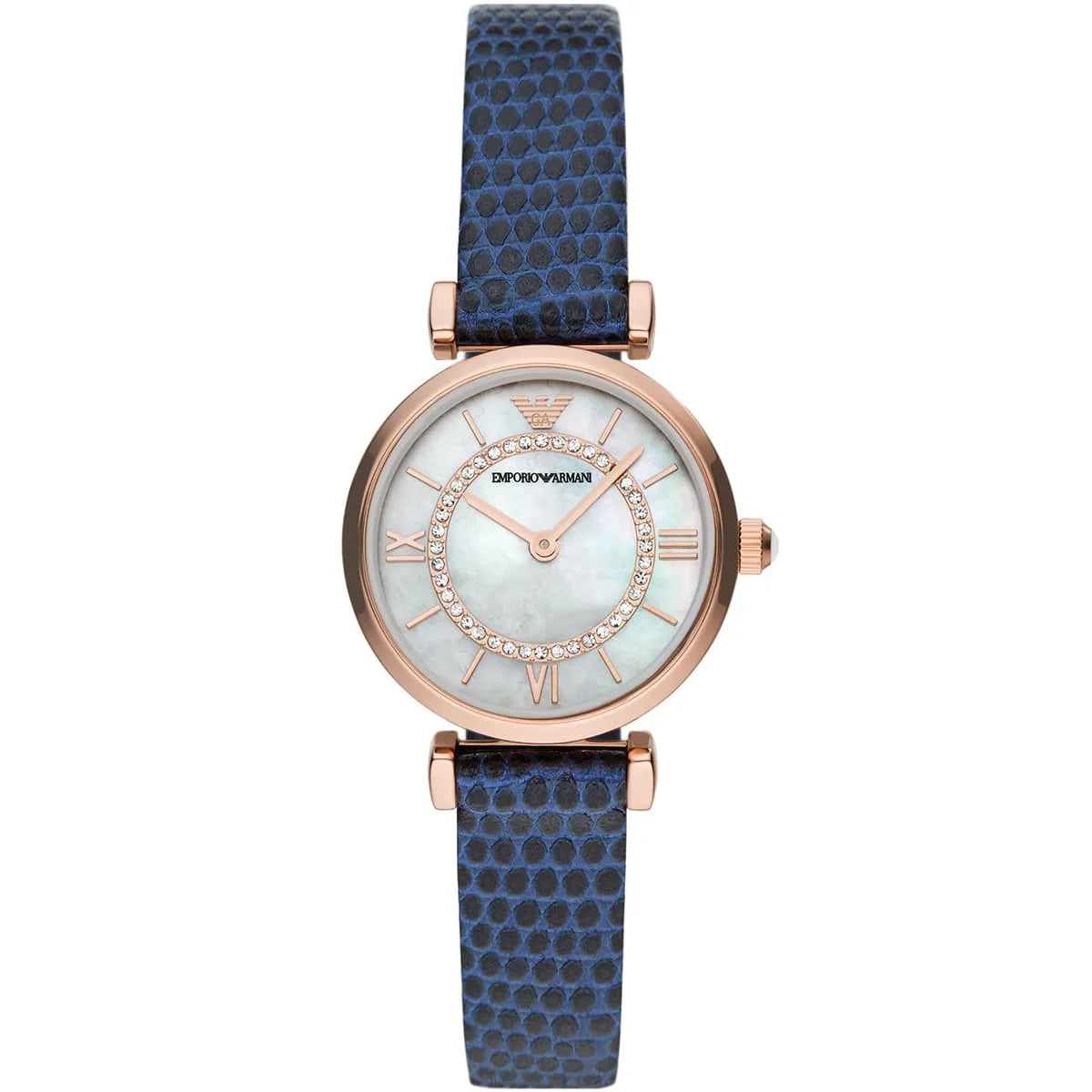 Emporio Armani Gianni T-Bar Analog Mother of Pearl Dial Blue Leather Strap Watch AR11468