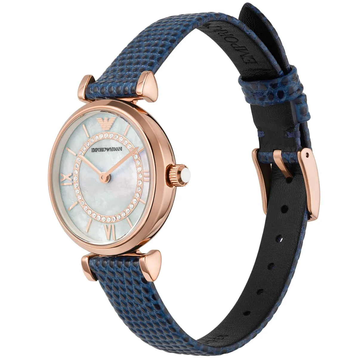 Emporio Armani Gianni T-Bar Analog Mother of Pearl Dial Blue Leather Strap Watch AR11468