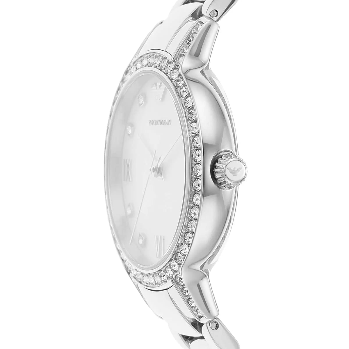 Emporio Armani AR11484 watch at angle displaying mother-of-pearl dial and crystal bezel detail