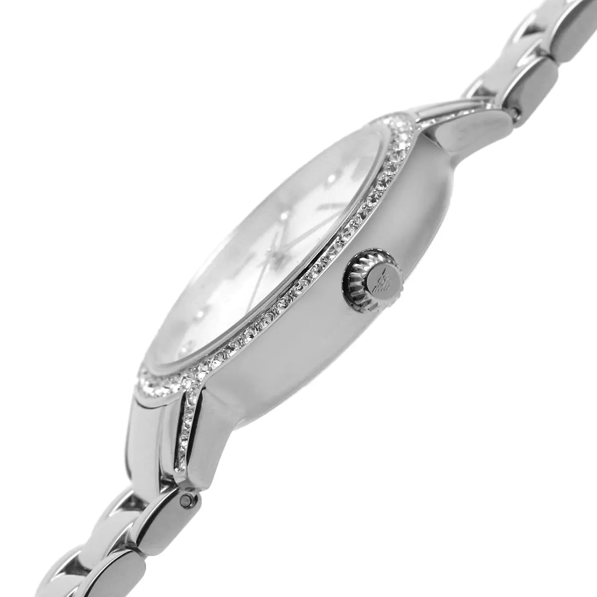 Emporio Armani AR11484 watch angled view with crystal bezel and mother-of-pearl dial visible