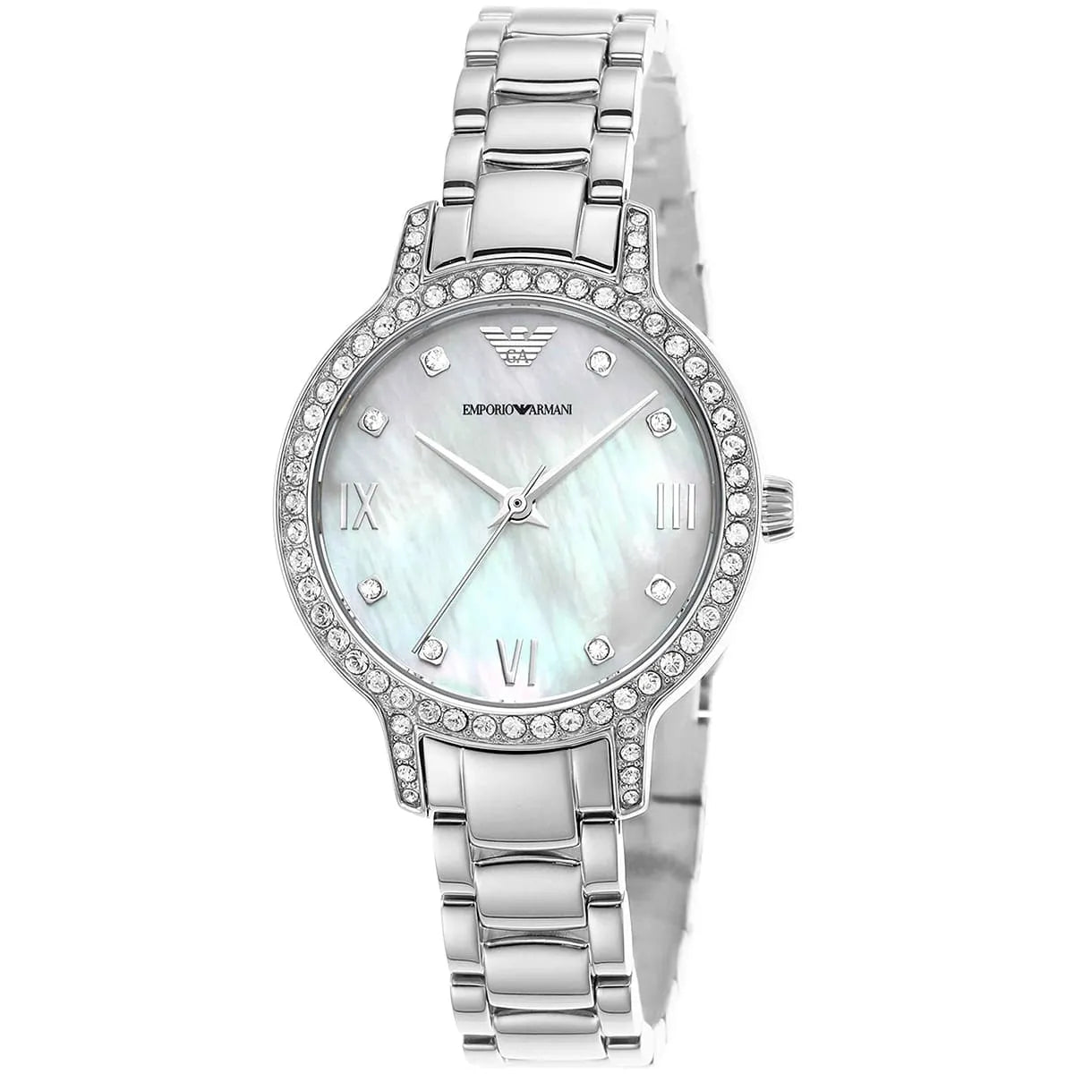Emporio Armani AR11484 watch at angle showing MOP dial with Roman numerals and crystal-adorned bezel