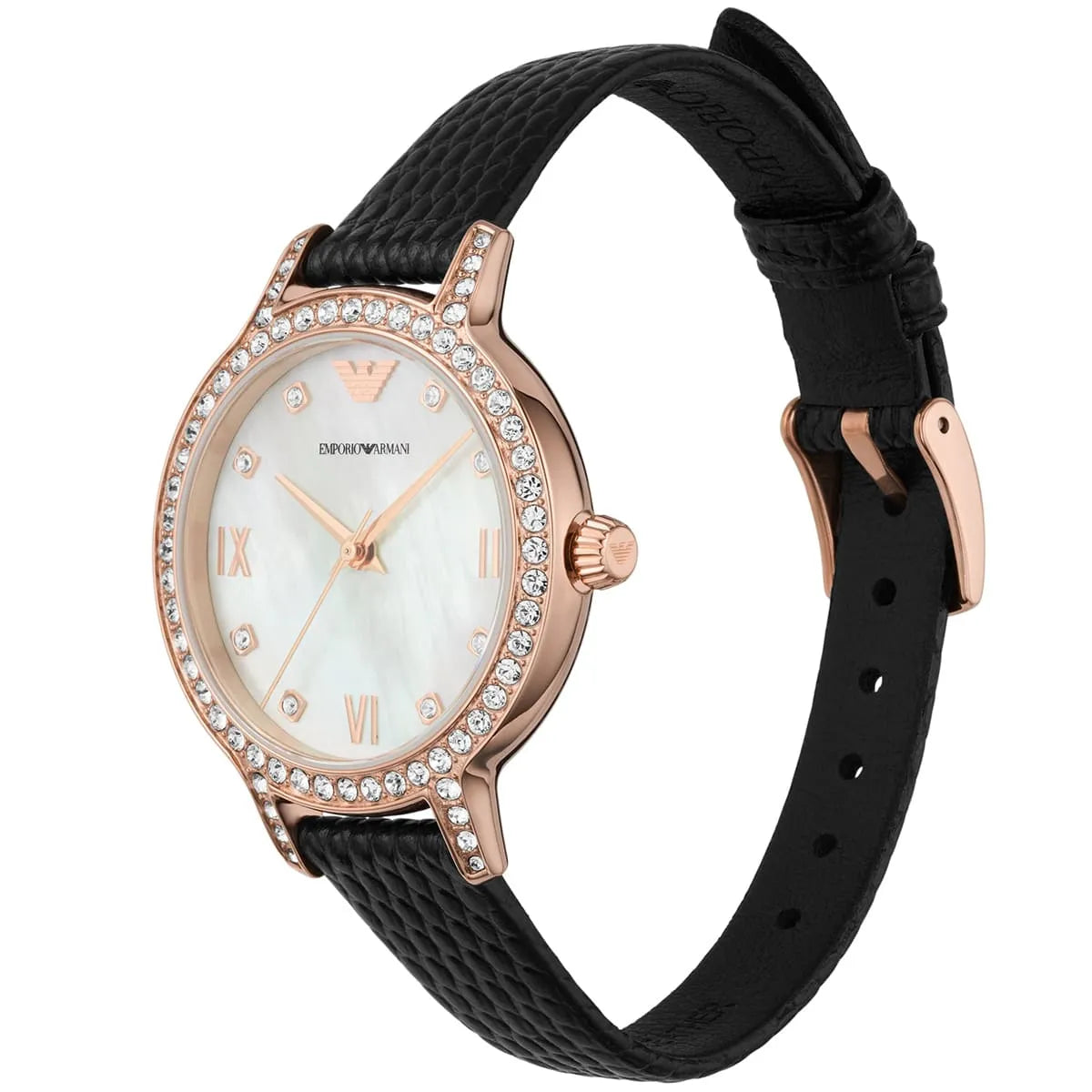 Emporio Armani MOP Dial Rose Gold Black Leather Women's Watch Ar11485
