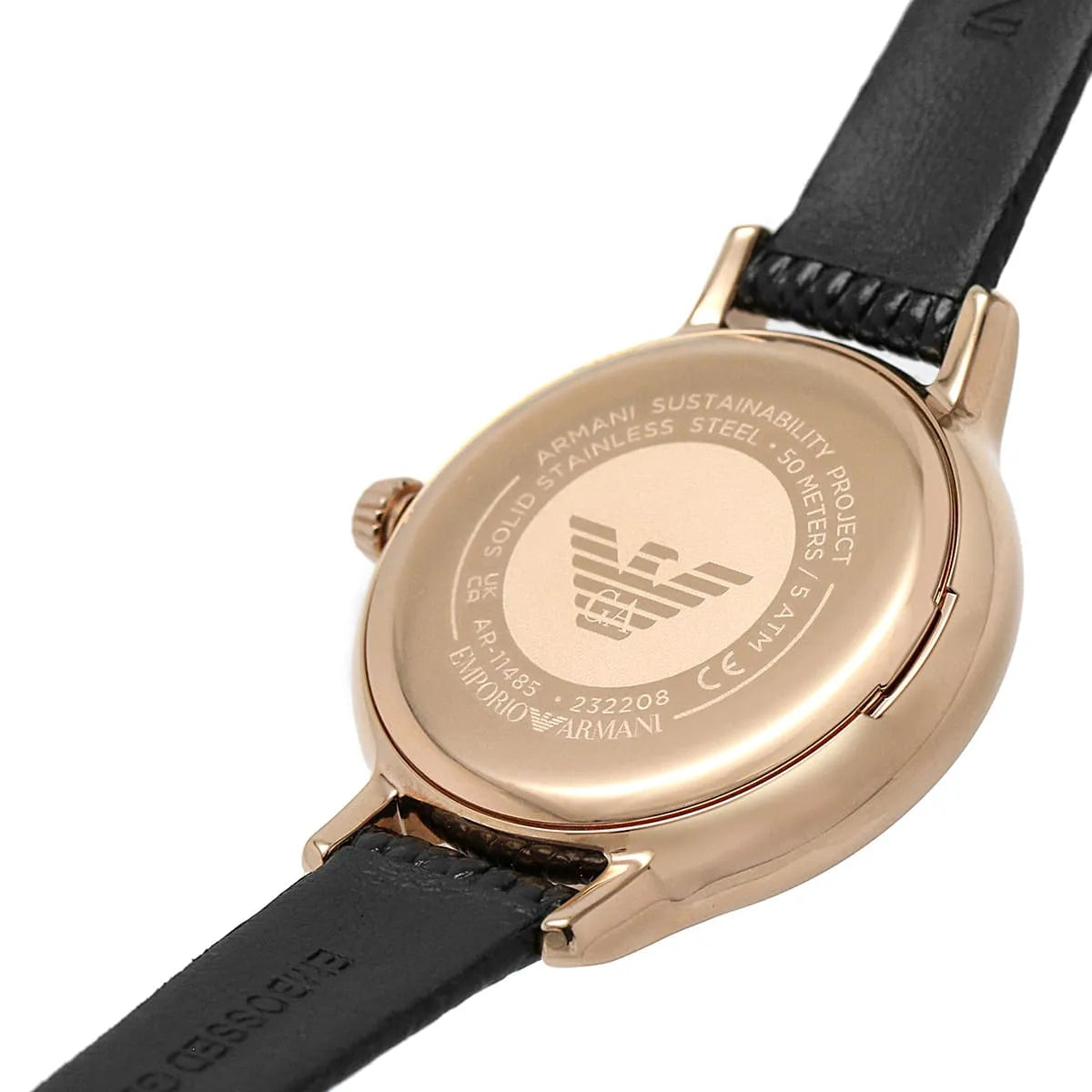 Emporio Armani MOP Dial Rose Gold Black Leather Women's Watch Ar11485
