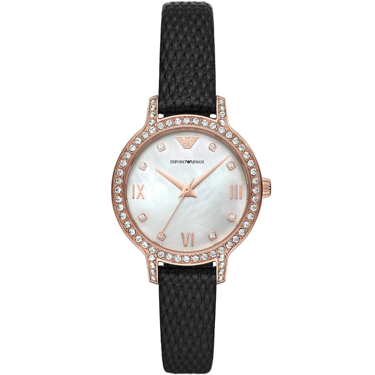 Emporio Armani MOP Dial Rose Gold Black Leather Women's Watch Ar11485