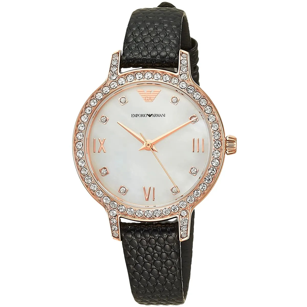 Emporio Armani MOP Dial Rose Gold Black Leather Women's Watch Ar11485