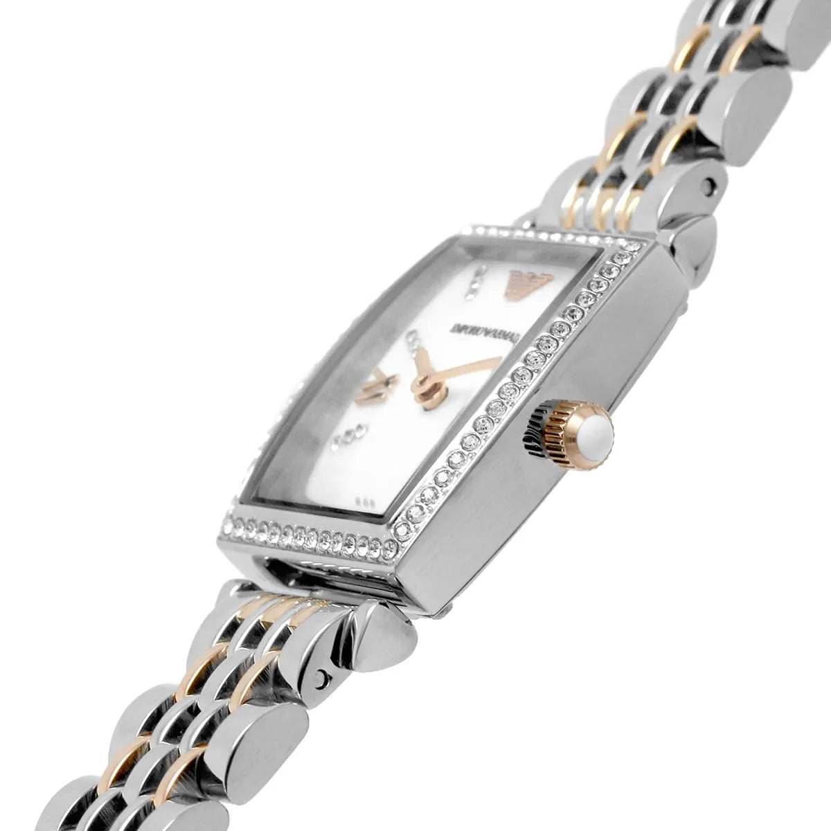 AR11519 women's watch angled view showing rectangular dial and two-tone metal bracelet