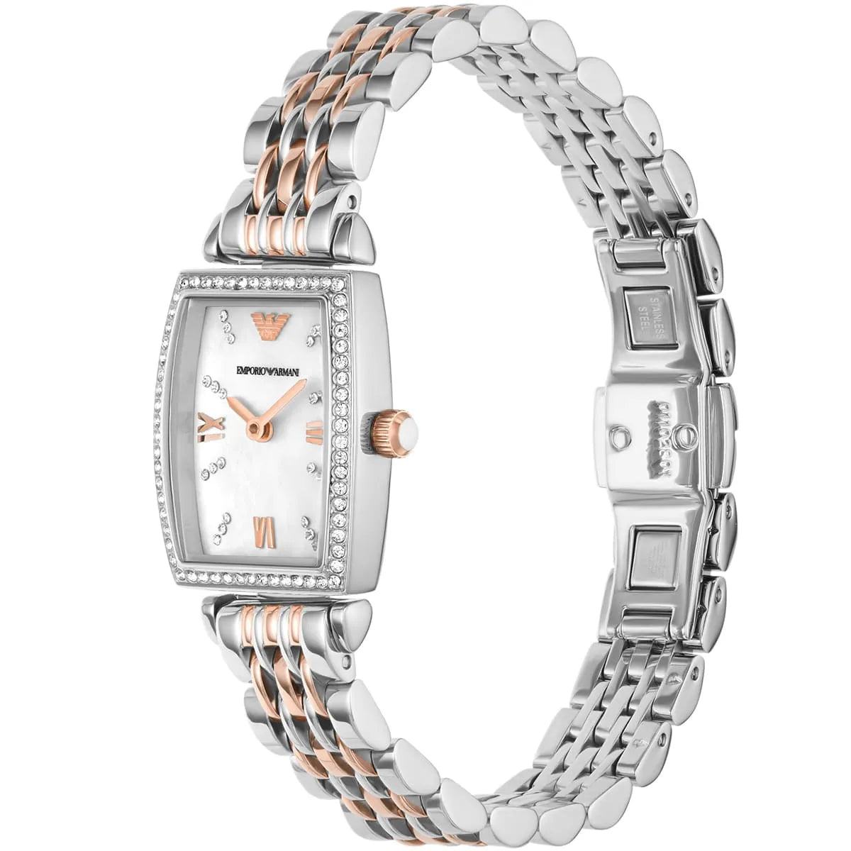 AR11519 women's watch three-quarter view showing silver and rose gold two-tone bracelet