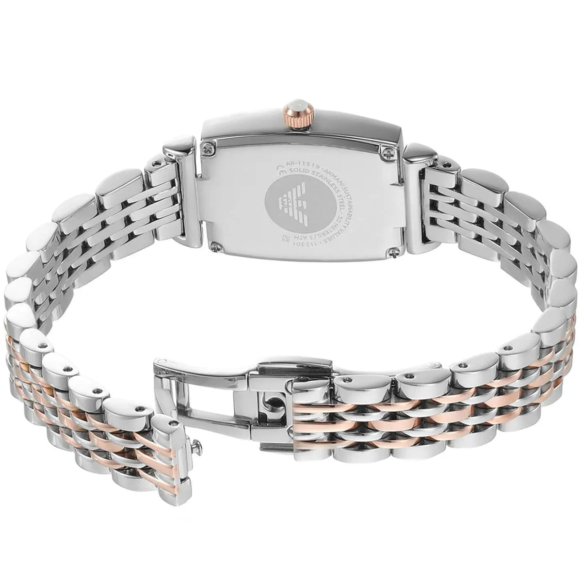 AR11519 watch back view displaying silver and rose gold two-tone metal bracelet and clasp