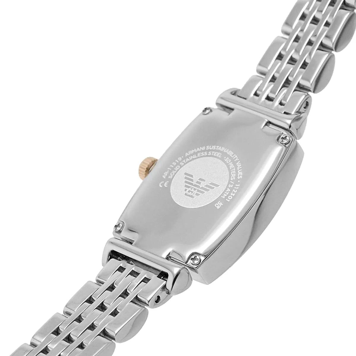 AR11519 watch caseback showing stainless steel with Emporio Armani eagle logo and text