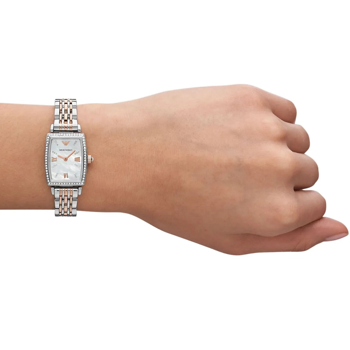 AR11519 Emporio Armani women's watch worn on wrist showing white dial and two-tone band