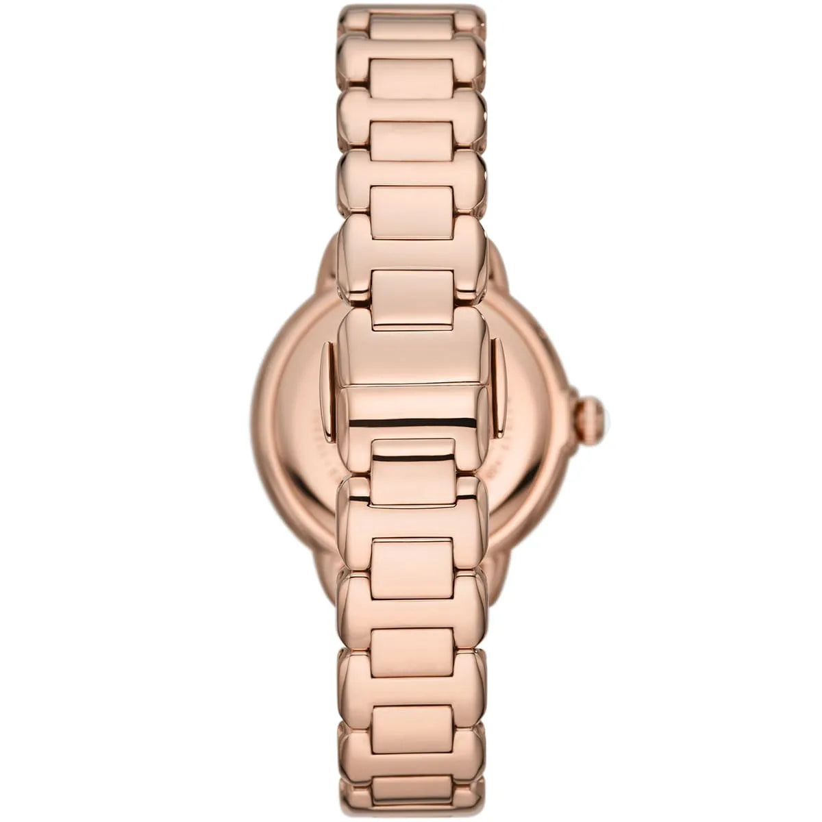 Caseback view of Emporio Armani Mia watch showing rose-gold metal bracelet and crown
