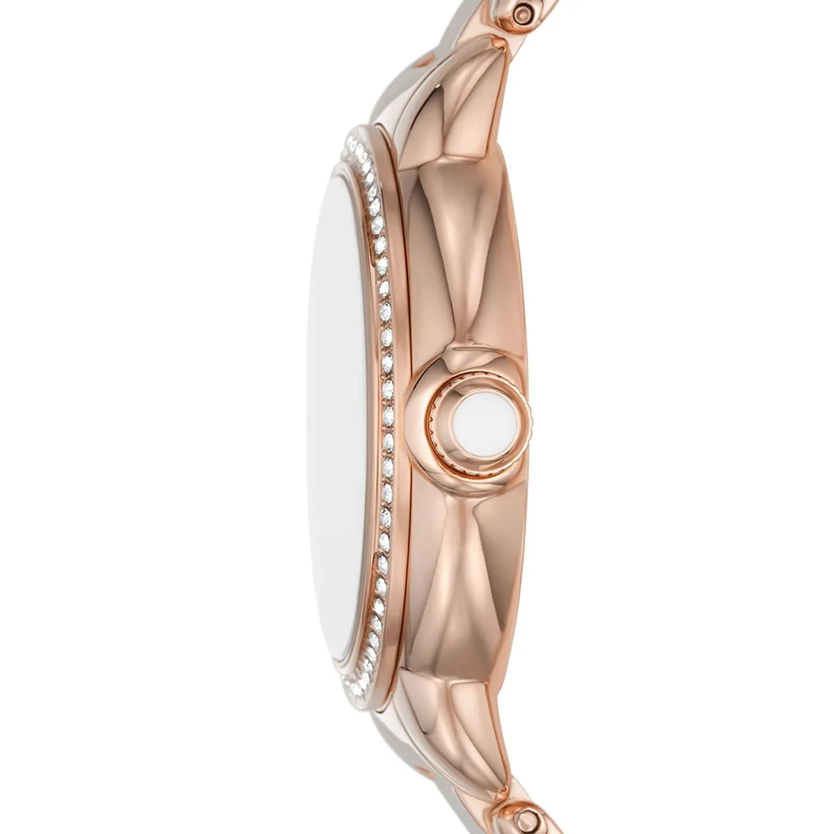 Side profile of Emporio Armani Mia watch showing rose-gold case thickness and crystal bezel detail