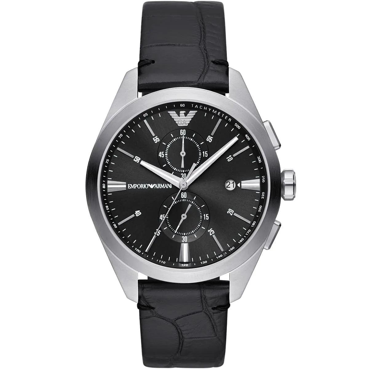 Emporio Armani Claudio chronograph watch with black dial and leather strap, front view