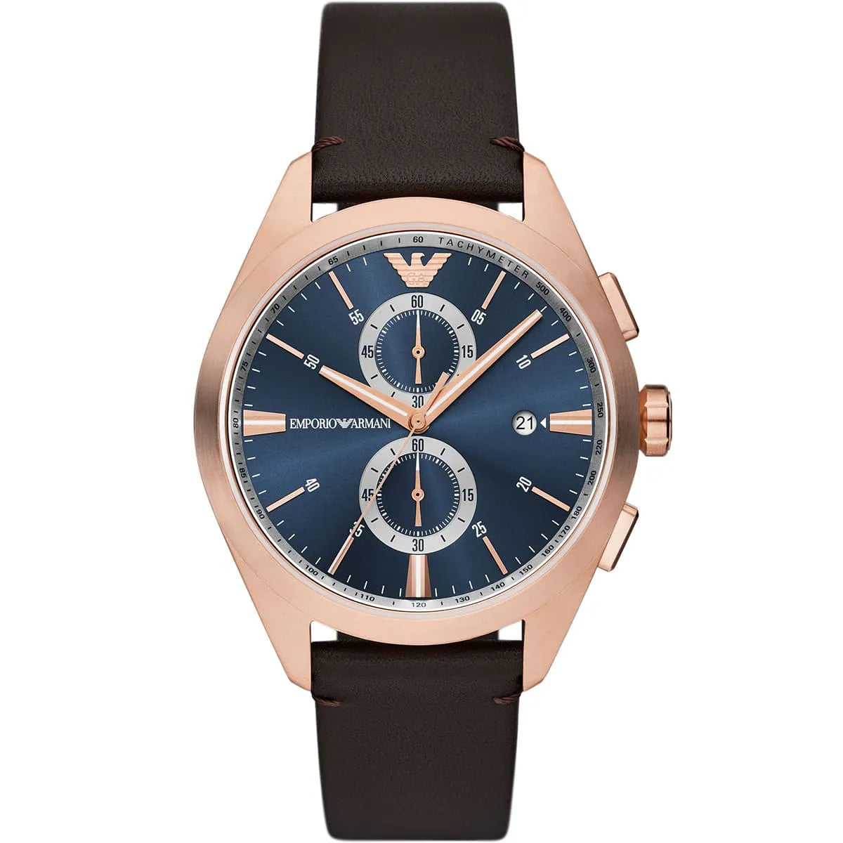 Emporio Armani Claudio chronograph watch with rose gold case, blue dial, and dark brown leather strap