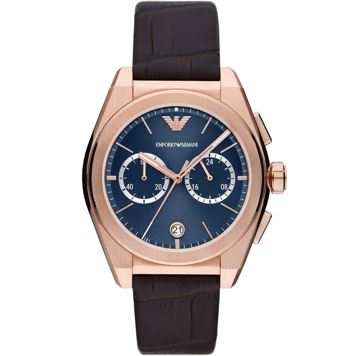 Emporio Armani Federico chronograph watch with blue dial, rose gold case and dark brown leather strap