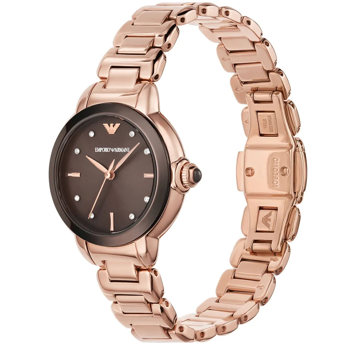 Emporio Armani Mia watch angled view showing brown dial and rose gold stainless steel bracelet