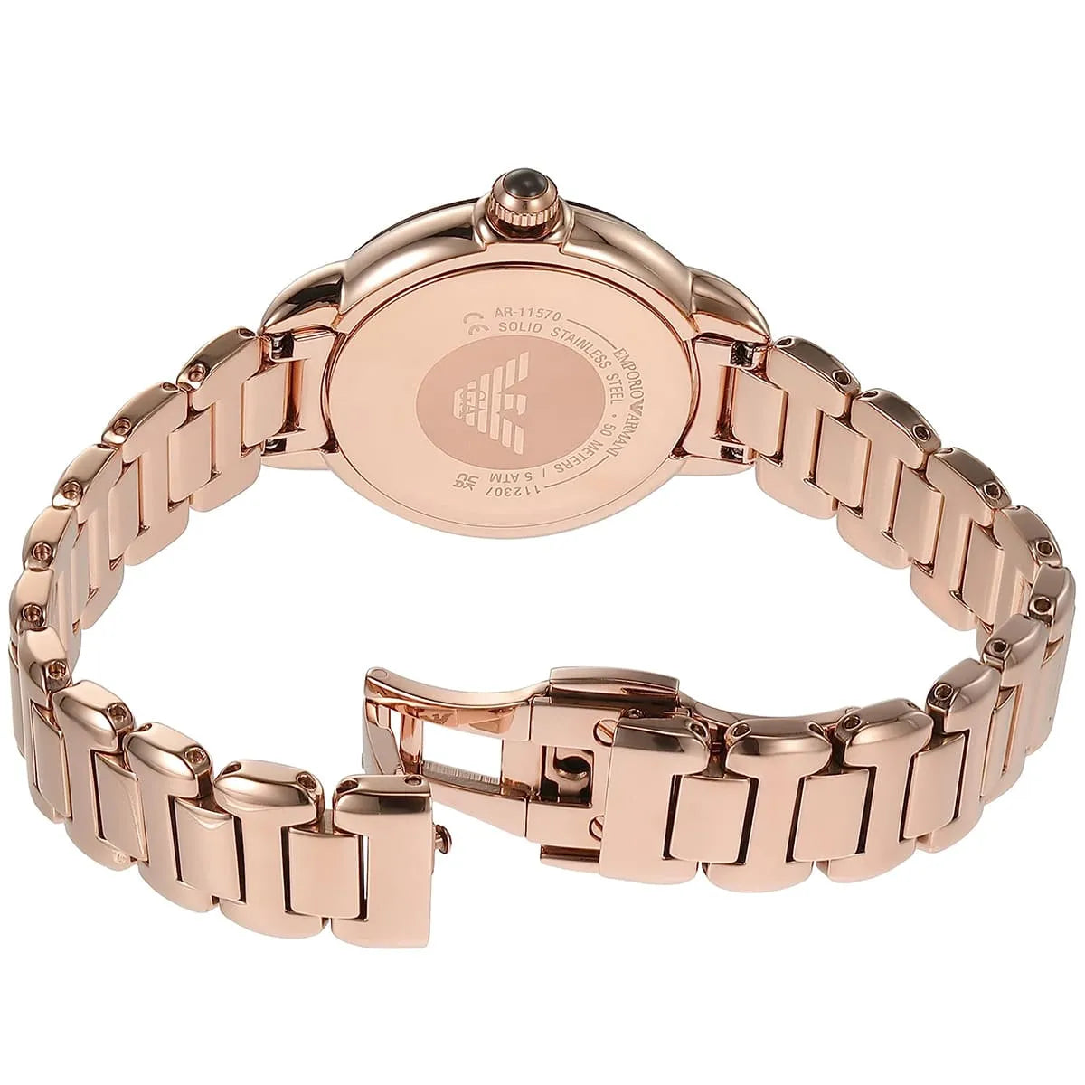 Emporio Armani Mia watch caseback showing engraved logo and rose gold metal backing