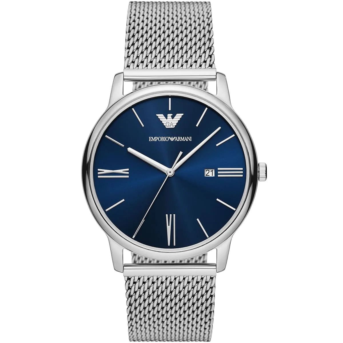 Emporio Armani AR11571 watch with blue sunray dial and silver mesh strap