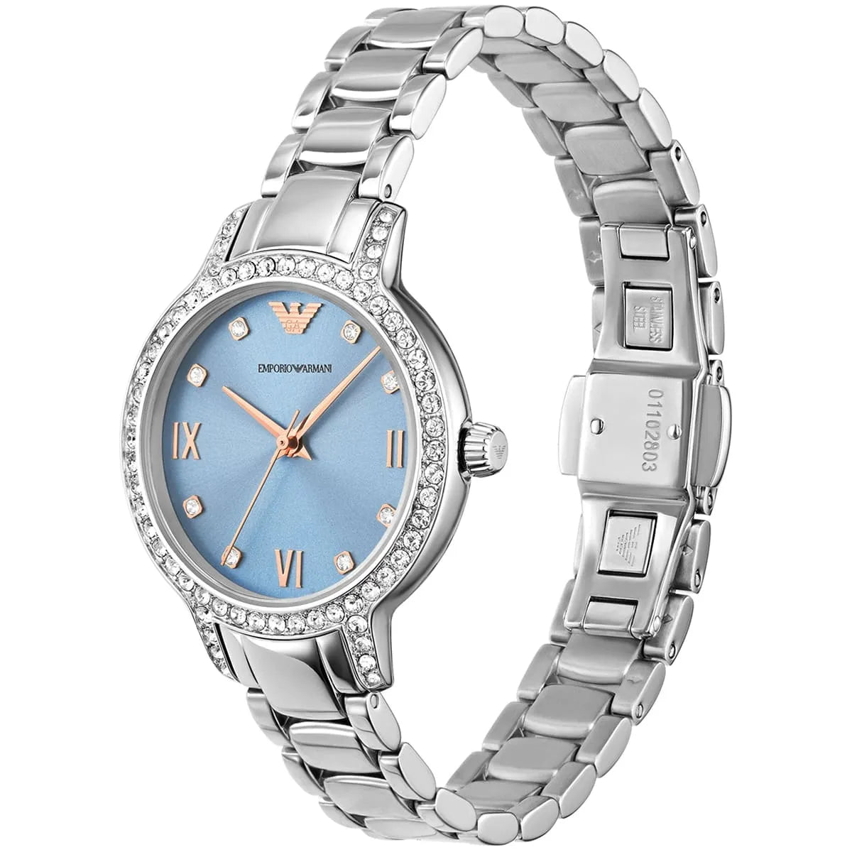 AR11585 watch from angled view showing blue dial face and full stainless steel bracelet with crystal bezel