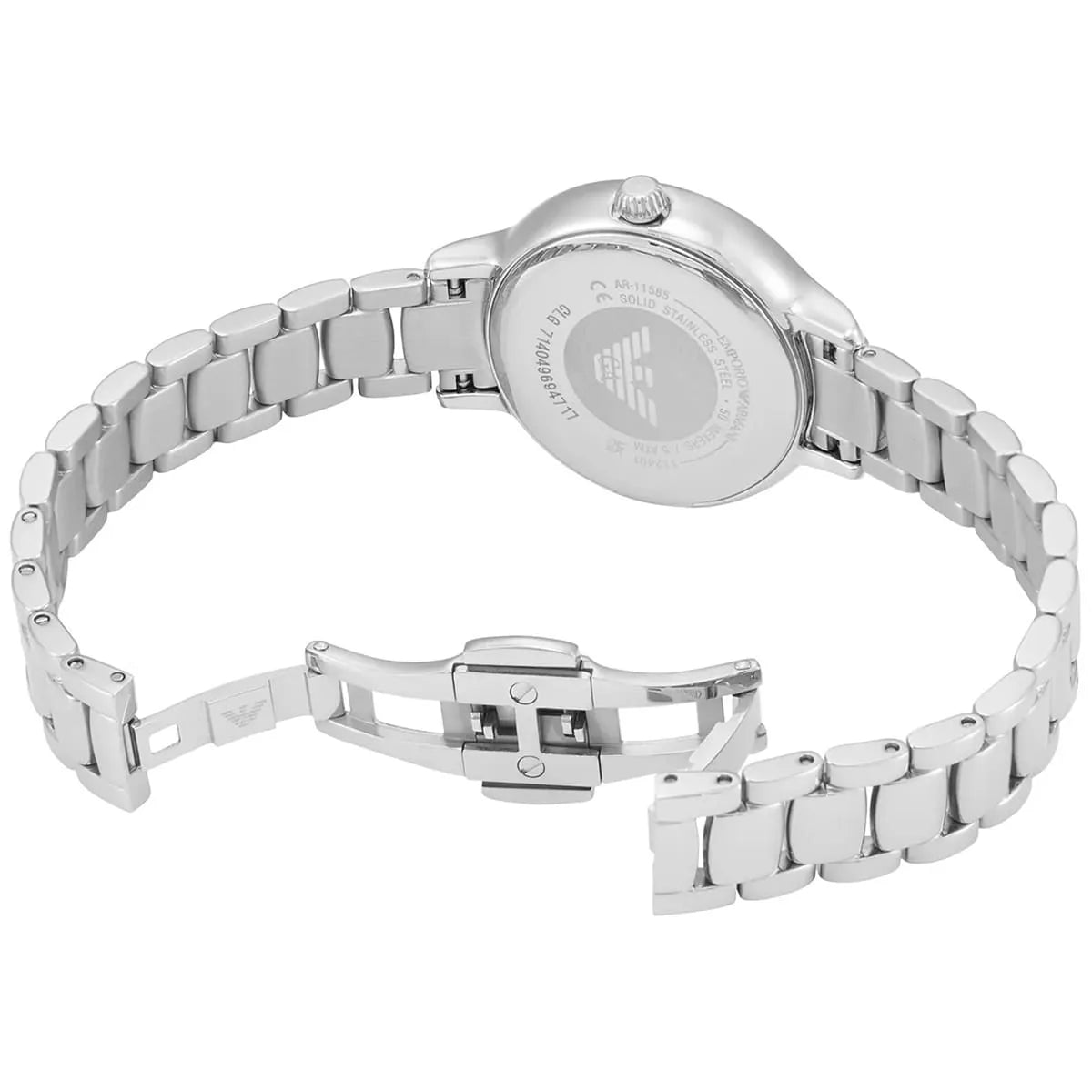 AR11585 caseback view displaying stainless steel case with Emporio Armani logo and bracelet clasp