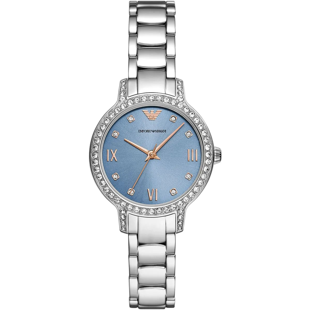 Emporio Armani AR11585 women's watch with blue dial, crystal-set bezel, roman numerals, and stainless steel bracelet