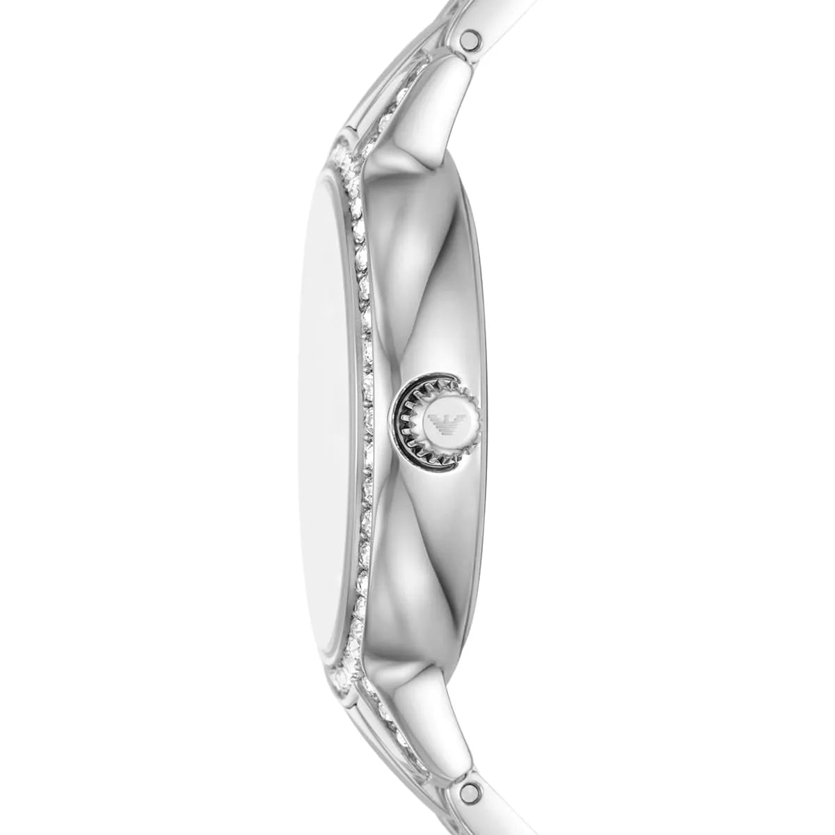 AR11585 watch side view highlighting crystal-adorned bezel and stainless steel case profile