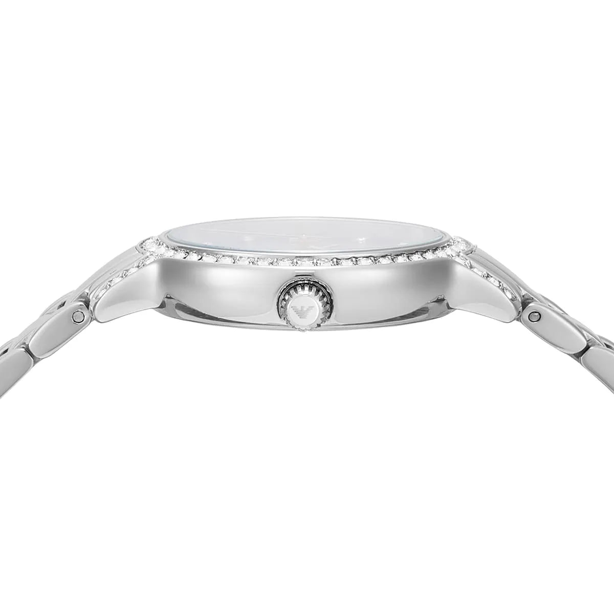 Side profile of AR11585 watch showing crystal-set lugs, crown, and stainless steel case thickness