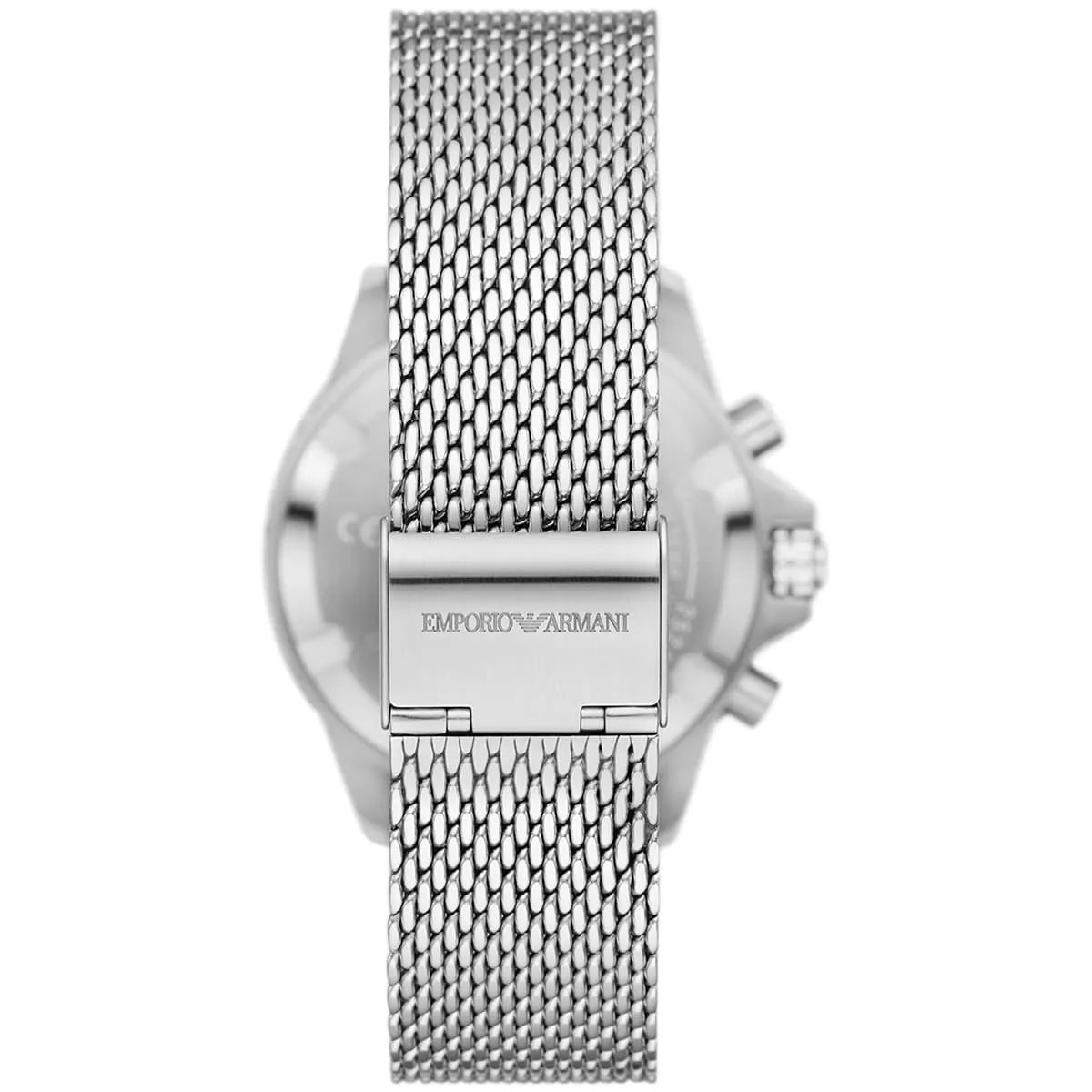 Emporio Armani AR11587 silver mesh bracelet with integrated clasp and branding