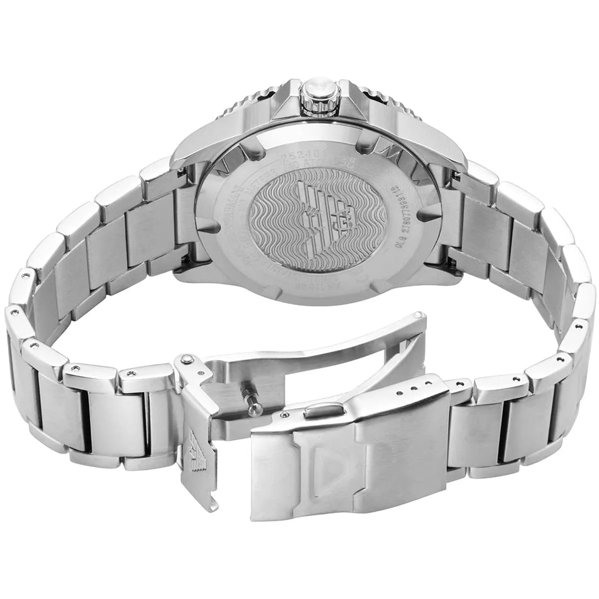 Caseback of AR11589 showing Emporio Armani engraving and bracelet