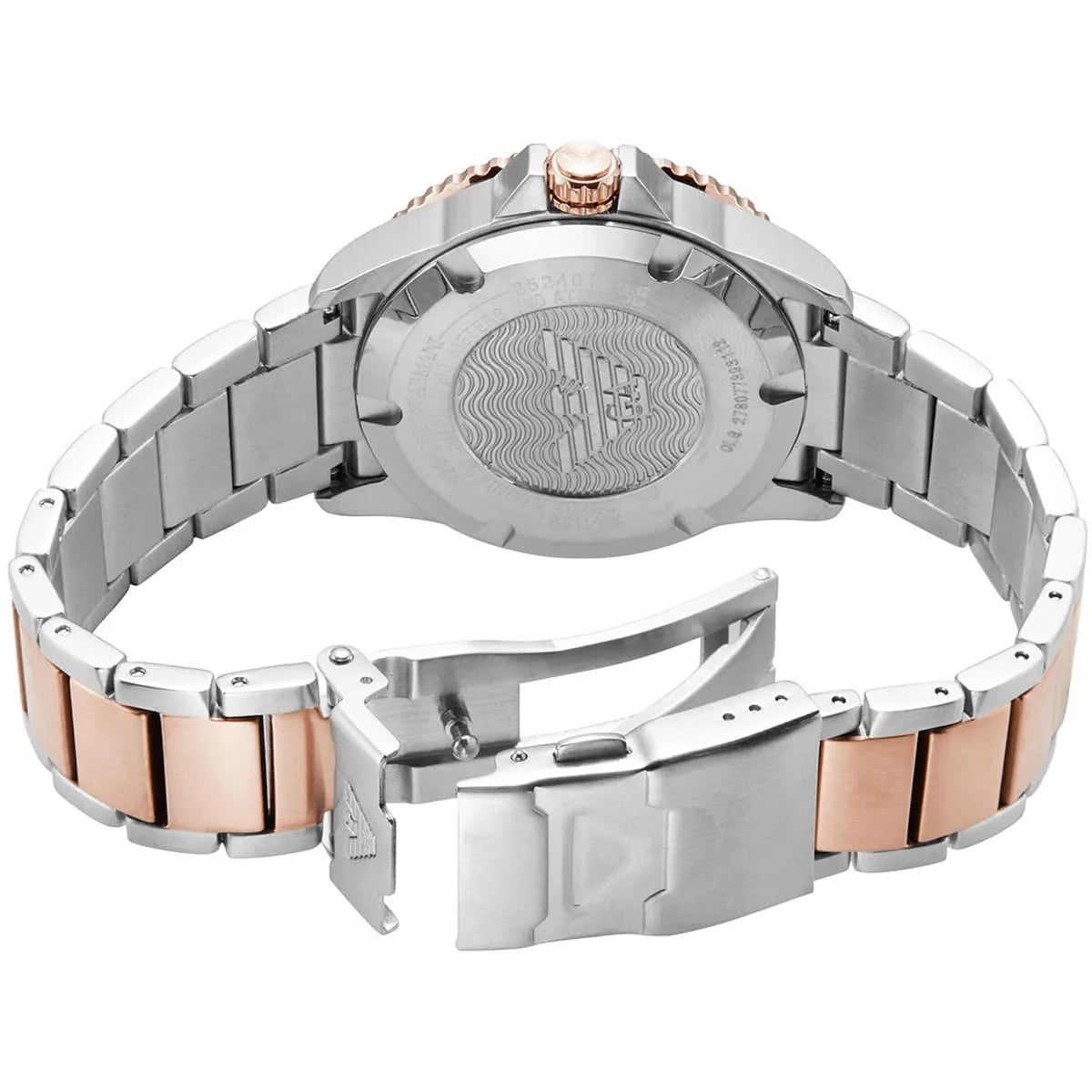 AR11591 Emporio Armani watch caseback showing deployment clasp and two-tone stainless steel bracelet