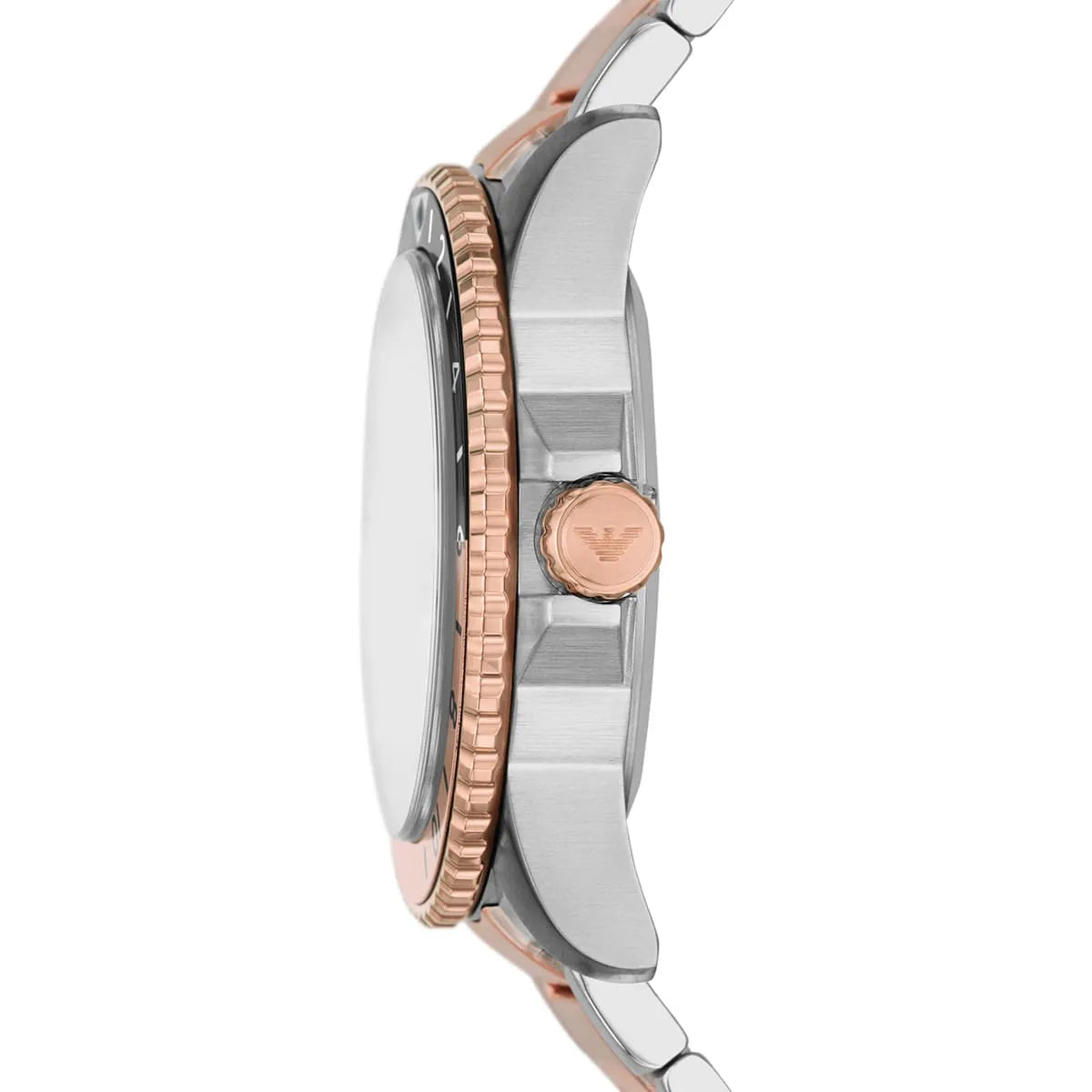 AR11591 Emporio Armani Diver GMT side view showing case lugs and two-tone bracelet