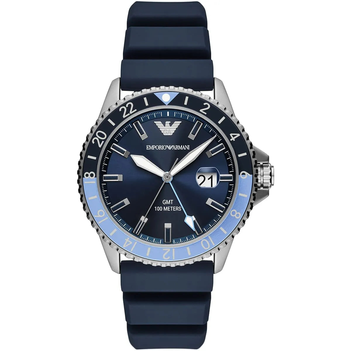 Emporio Armani AR11592 Sea Explorer GMT men's watch with blue dial and navy silicone strap