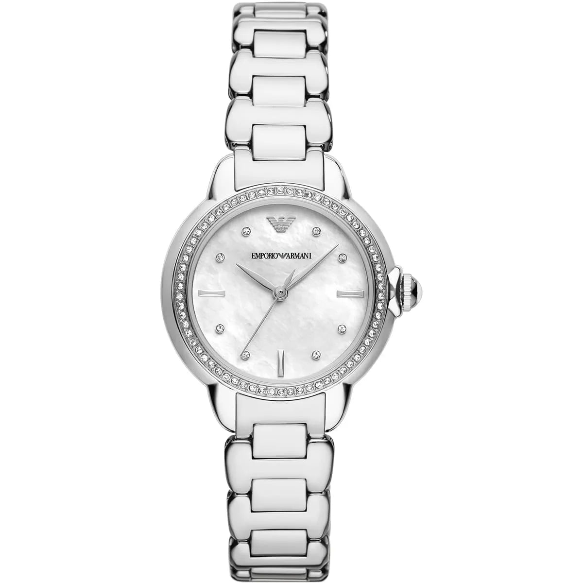 Emporio Armani Mia AR11596 white dial watch with diamond-set bezel and stainless steel bracelet