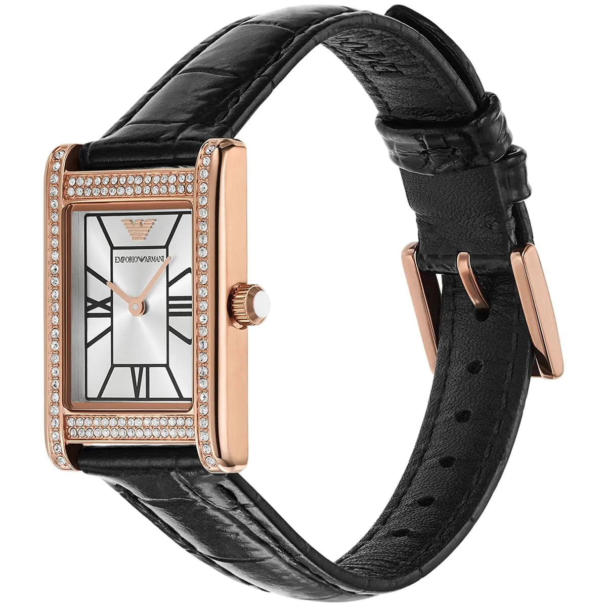 Emporio Armani Genni AR11624 women's watch shown at angle displaying rose gold case with crystal bezel and black leather strap